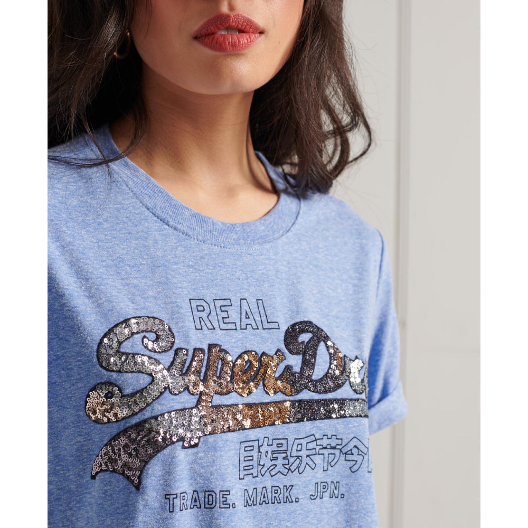 Sequined t-shirt with vintage logo for women Superdry Carnival